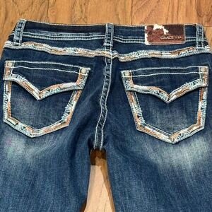 Grace in LA Easy Fit Bootcut Jeans Dark Wash Embroidered Sequin Cowgirl 26